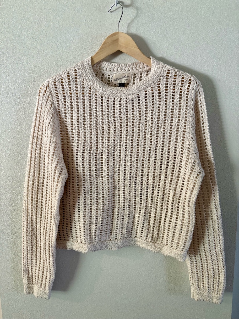 Universal Thread Crop Cream Cotton Open-Knit Crewneck Sweater Small